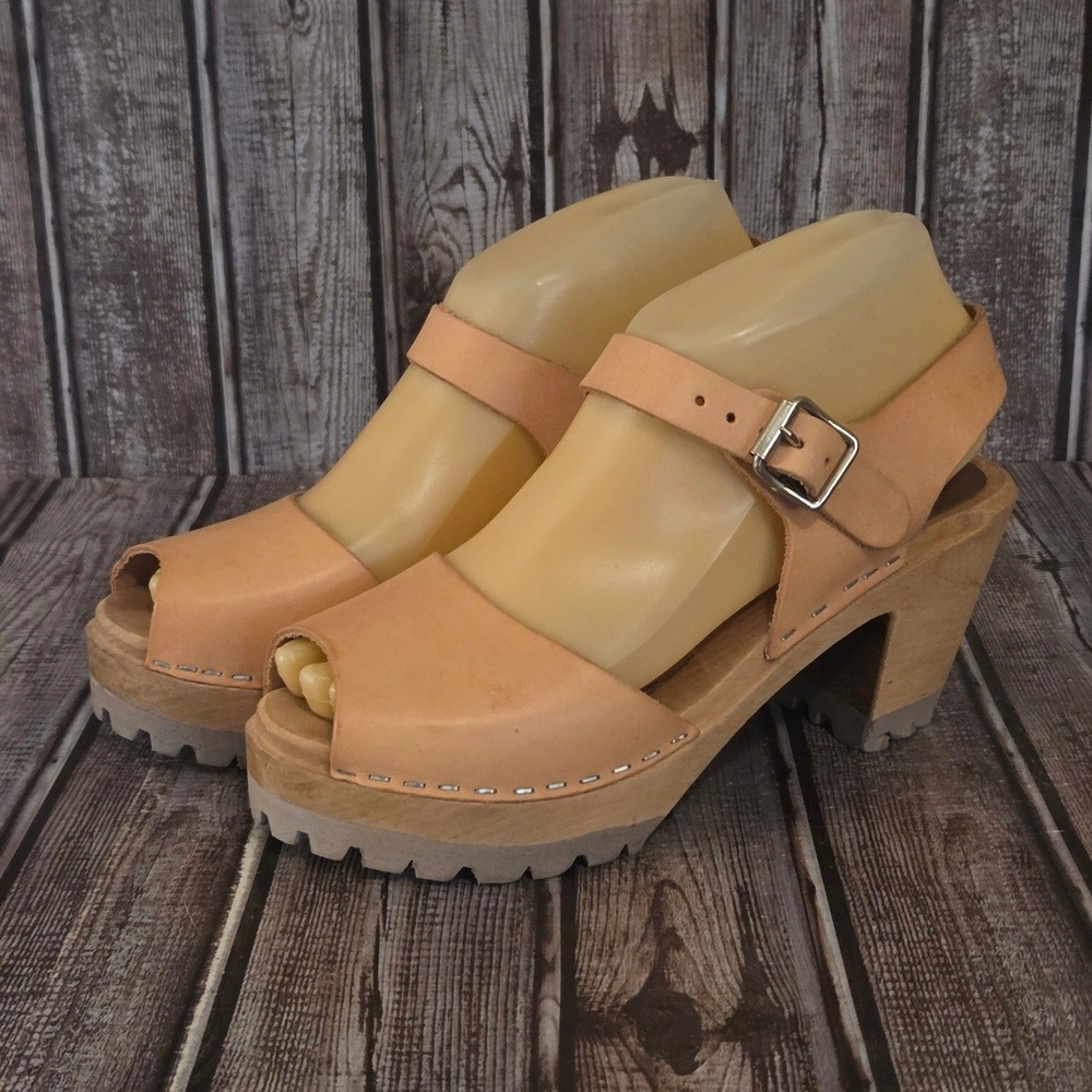 Sz 37/ 7 Mia Greta Swedish Tan Leather Platform Clog Peep Toe Wood Sole Sandals